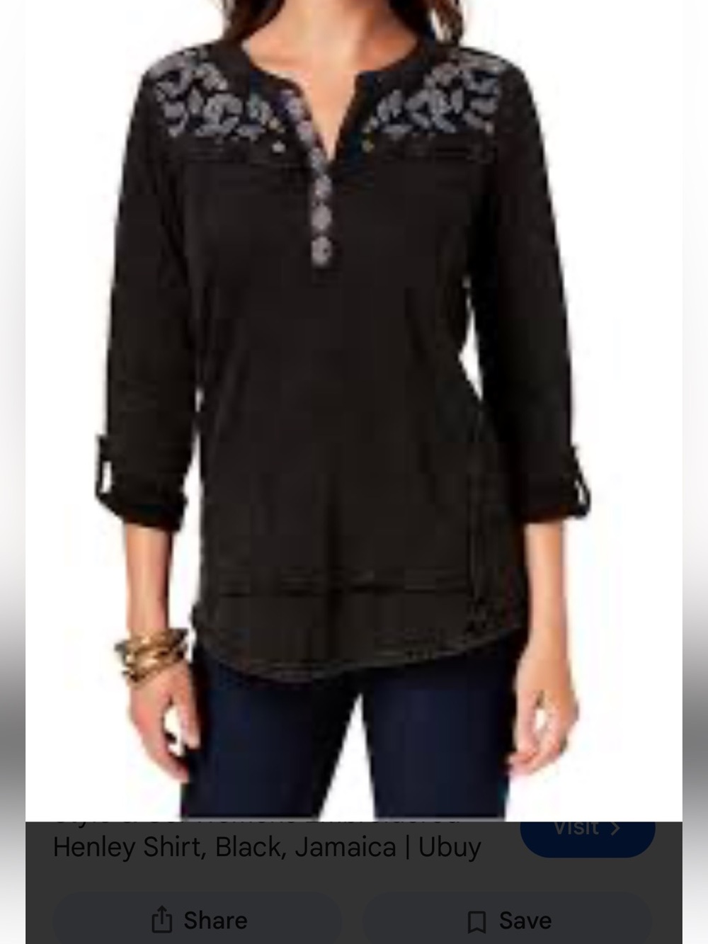 Style & Co. Black Henley Tunic with Embroidered Yoke
